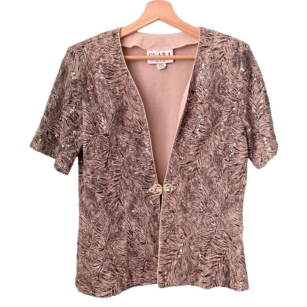 Vintage Clara Made in USA Open Front Sequins Blazer Blouse in Size Large
